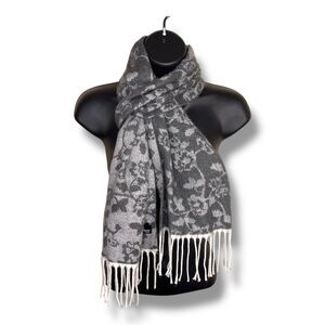 Vintage Cejon Italian Floral Scarf Light Grey Dark Gray Fringe Accent